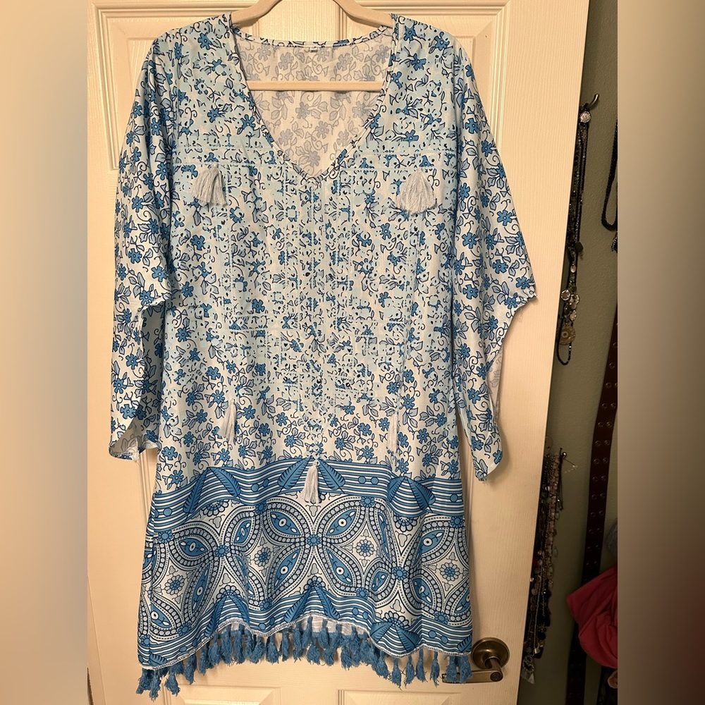 Tunic style blue and white dress with fringes